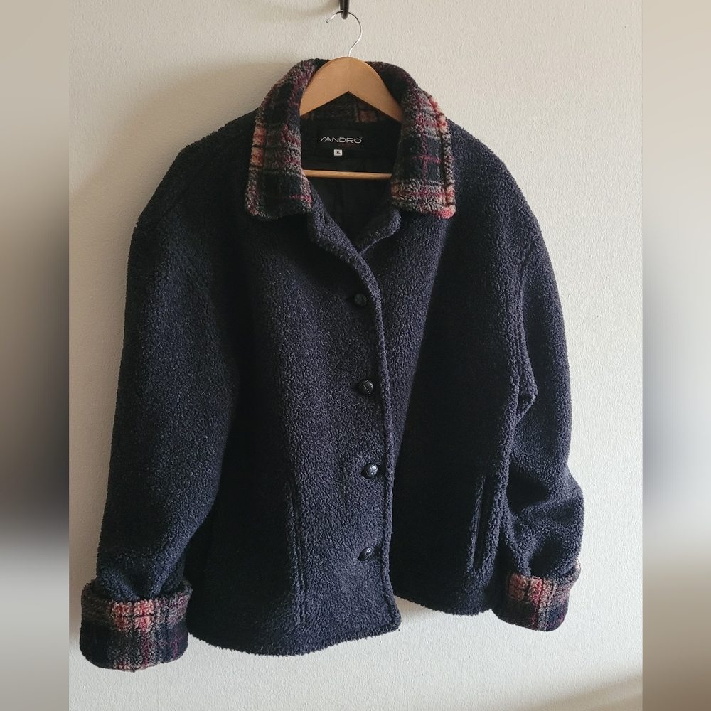 Vtg Sandro Oversized Button Down Teddy Jacket Women's XL, Black, Plaid Collar